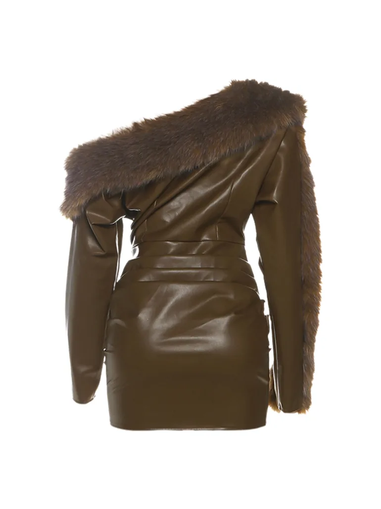faux fur one shoulder mini dress One33 Social Asymmetric Faux Fur-Trim Mini Dress