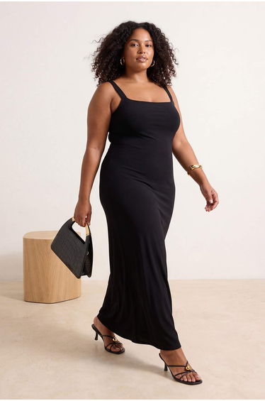 Black Thick Strap Bodycon Stretchy Knitted Maxi Plus Size Dress