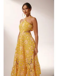 فستان ميدي بياقة هالتر بدانتيل مطرز - 1