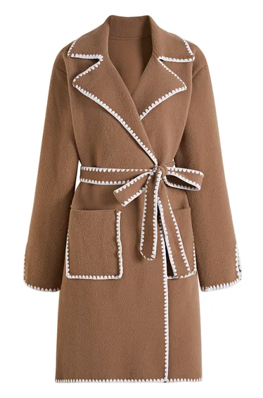 Whipstitch-Trimmed Notch Lapel Longline Knit Coat in Caramel