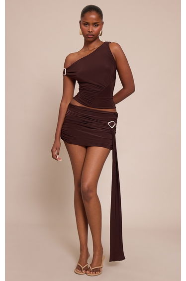 Dark Brown Double Layer Slinky Ruched One Shoulder Top