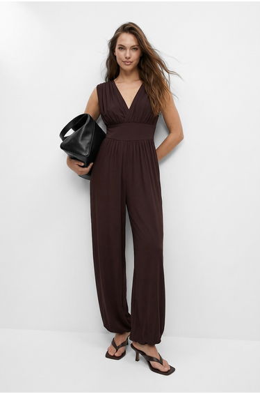 Brown Plain Sleeveless Wide Leg Jumpsuit