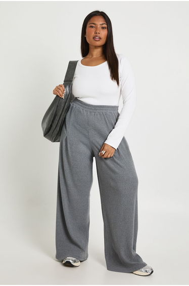 Plus Knitted Cord Wide Leg Pleated Balloon Joggers - grey