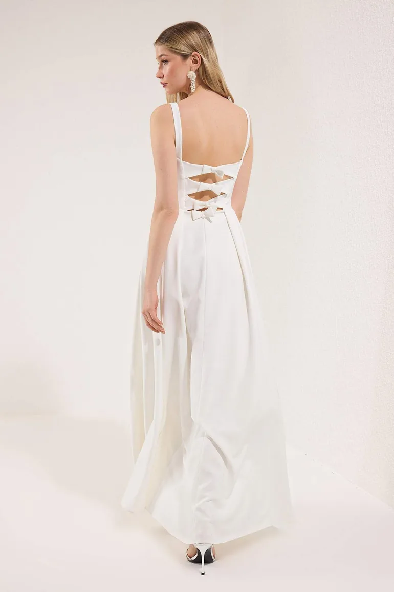 white graduation dress with bow on back High Neck Back Bow Dress in White