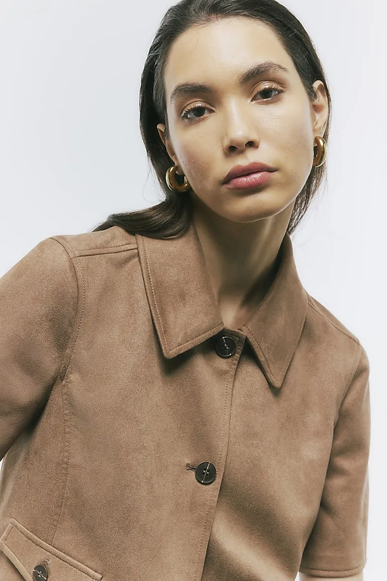 Beige Faux Suede Pocket Detail Shirt - 3