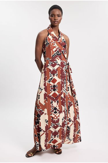 Viscose Crepe Floral Halter Neck Dress