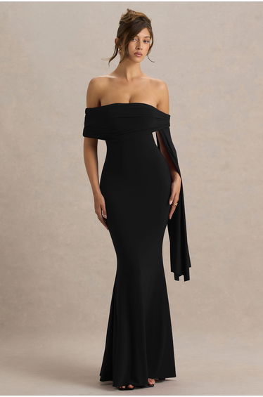 Saffina | Black Bardot-Neck Maxi Dress With Sash Detail