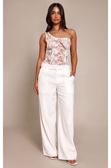 Petite Cream Lace Asymmetric One Shoulder Top
