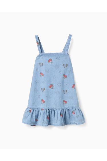 Sleeveless Denim Dress With Minnie Motif For Baby Girls, Light Blue