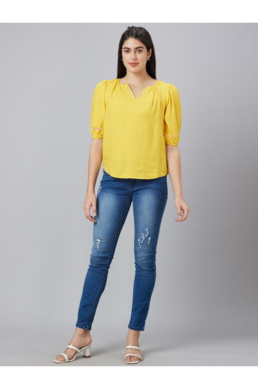 Lace Detail Puff Sleeves Notch Neck Top