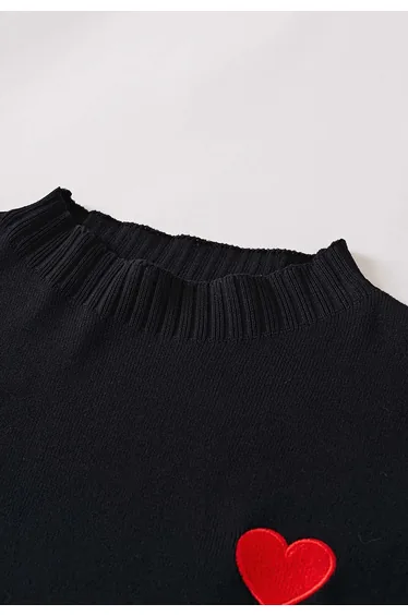 Comfy Heart Embroidery Knit Sweater and Pants Set in Black