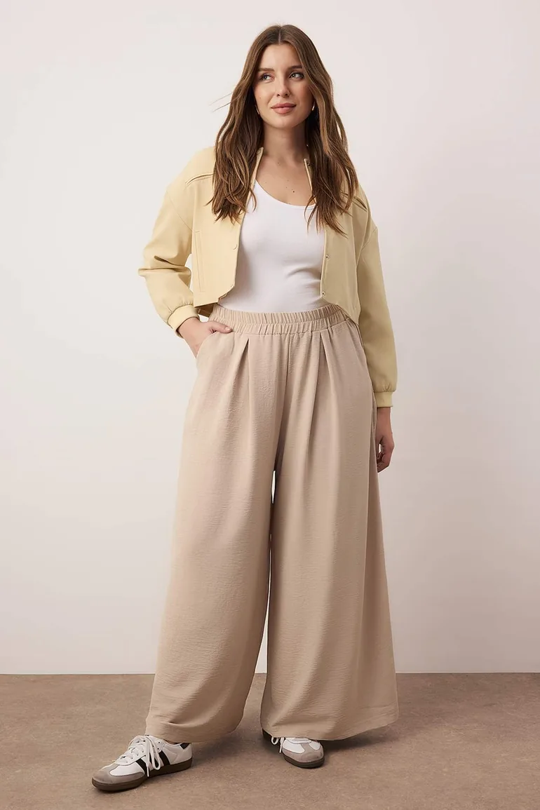 Beige Wide Leg Woven Trousers