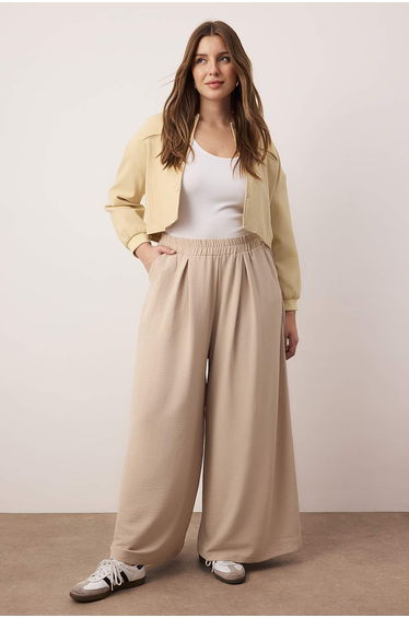 Beige Wide Leg Woven Trousers