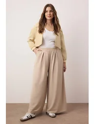 Beige Wide Leg Woven Trousers