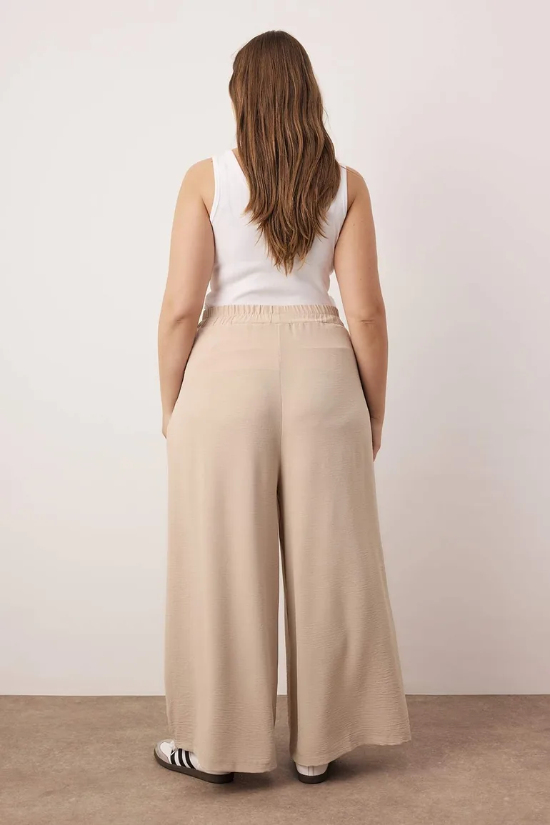 Beige Wide Leg Woven Trousers - 3