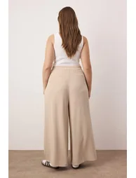 Beige Wide Leg Woven Trousers - 3