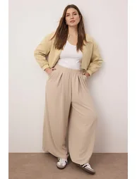 Beige Wide Leg Woven Trousers - 1