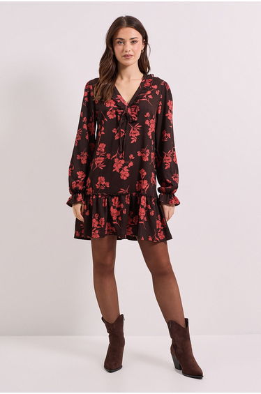 Burgundy Floral Tie Detail Frill Neck Blouson Sleeve Tiered Mini Dress