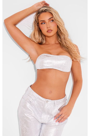 Silver Coated Crackle Effect Denim Bandeau Top