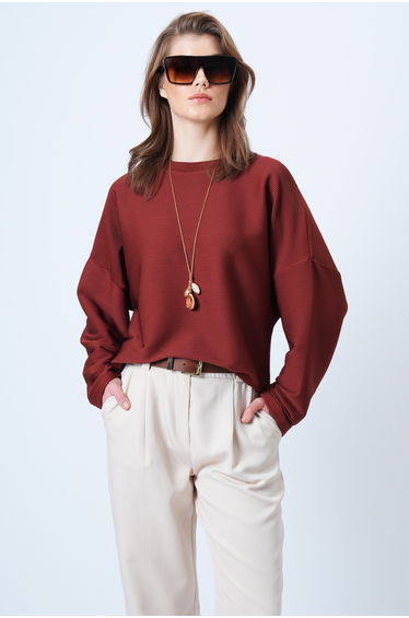 Women's brick red crew neck wide fit batwing sleeve basic blouse