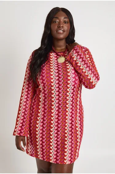 Plus Knitted Scoop Back Mini Dress - pink