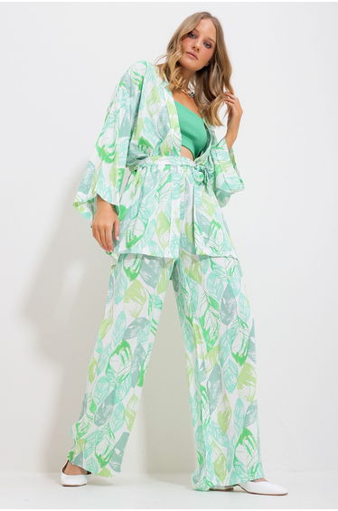 Women's Green Kimono Jacket And Palazzo Pants Suit