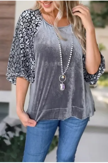Lvness Medium Grey Leopard Splicing Lantern Sleeve Velvet Blouse