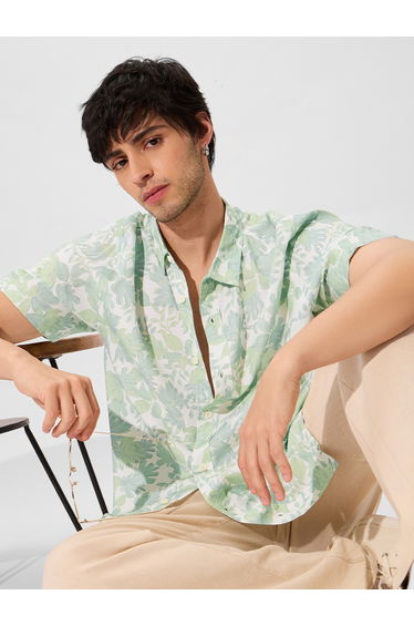 Green Leaf Print Short Sleeve Shirt