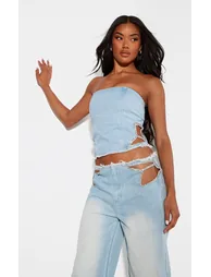 Light Blue Wash Frayed Waist Diamante Detail Corset Denim Top - 4
