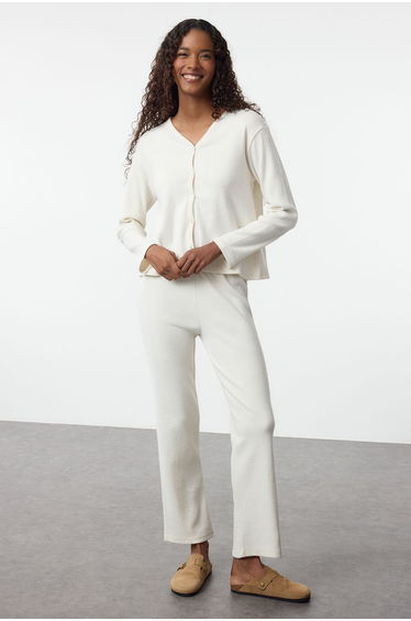 Ecru Brushed Soft Ribbed Cardigan Knitted Pajama Set