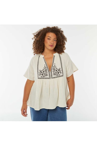 Cotton gauze blouse with embroidered neckline WHITE