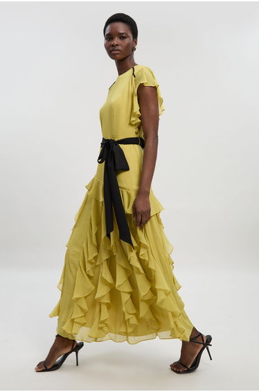 Ruffle detail chiffon belted woven maxi dress