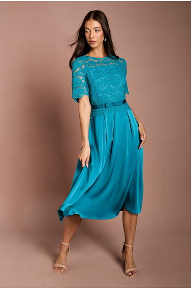 Lace And Crepe Full Skirted Midi Dress