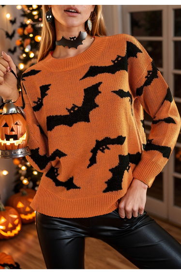Spooky Bats Pattern Long-Sleeve Knit Sweater Halloween Costumes