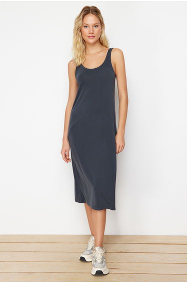Anthracite Soft Touch/Modal Thick Strap Pool Collar Knitted Midi Dress