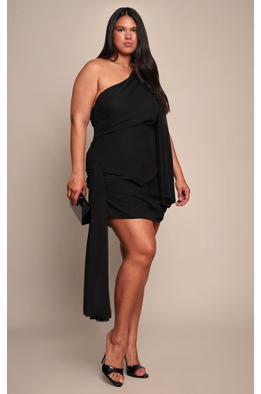 Plus Black Chiffon Draped Detail Mini Dress
