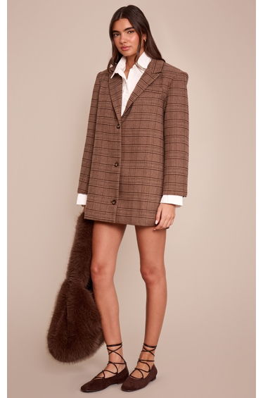 Brown Check Oversized Structured Blazer Dress