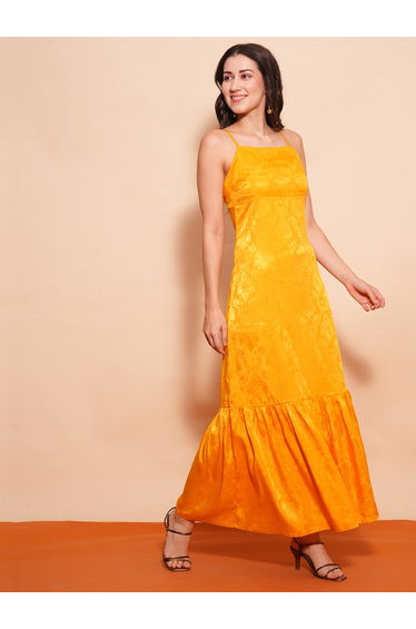 Women Yellow Self Design Satin Strappy A-Line Maxi Dress