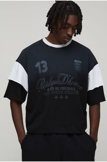 Oversized Boxy Double Faux Layer Heavyweight Washed Distressed T-Shirt - black