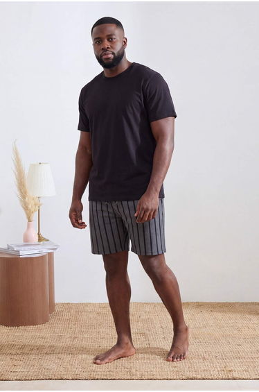 Black - Anthracite Large Size Regular Fit Striped Knitted Shorts Pajama