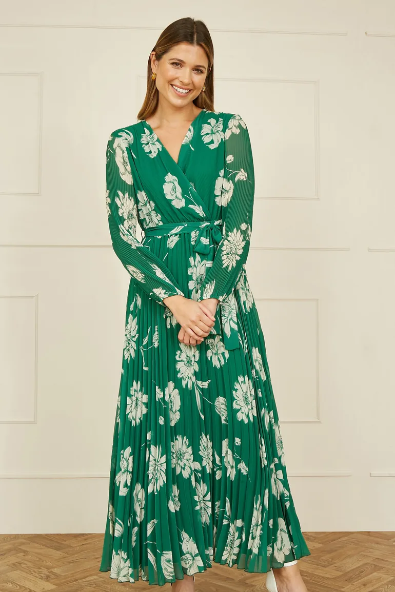 Yumi Green Floral Pleated Midi Wrap Long Sleeve Dress Yumi : Day Dresses :  VogaCloset Oman