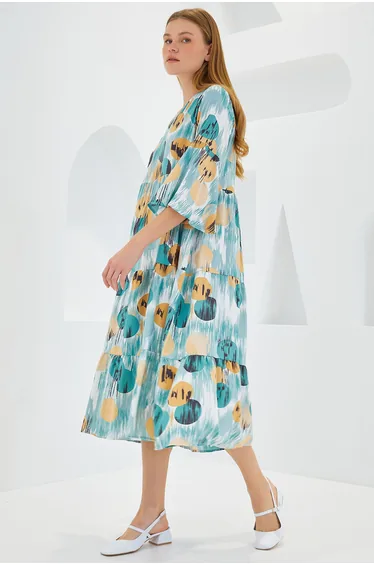 BDART Patterned V-Neck Midi Dress with Short Sleeves