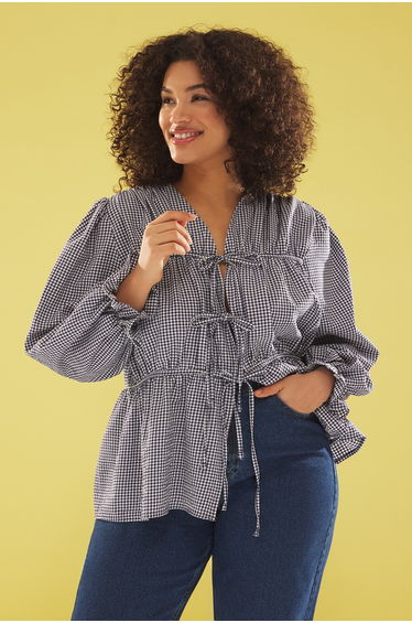 Navy Blue Seersucker Woven Plus Size Blouse