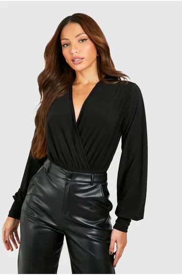 Tall Blouson Sleeve Wrap Bodysuit - black