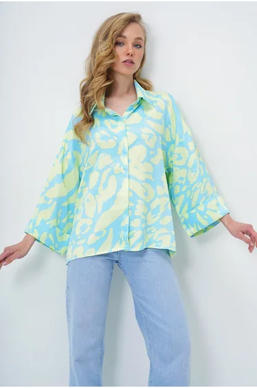 Women's Green Blue Digital Printed Oversize Double Sleeve Premium Woven Shirt