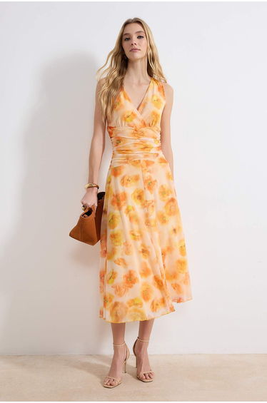 Multi-Colored Floral Bodycon V-Neck Thick Straps Sleeveless Shirred Maxi Tulle Knitted Dress