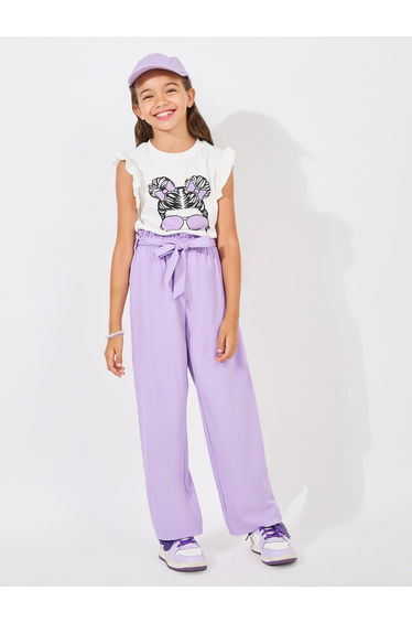Ruffle Trim Printed Top and Paperbag Waist Pants Set