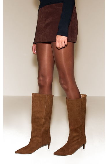 Tan Suede Kitten Heeled Knee High Boot
