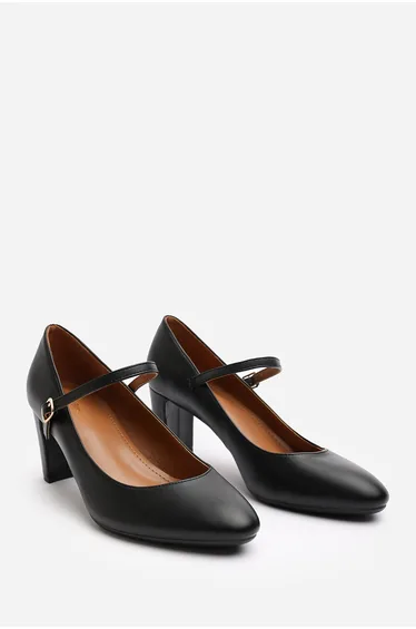 Evangeline Block Heel Mary Jane Pumps in Black Faux Leather