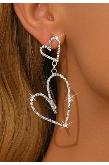 Rhinestone Irregular Double Heart Drop Earrings in Silver